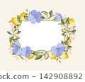 Frame of lemons, blue flax flowers, citrus blossoms and green leaves in an elegant botanical composition. Vintage Mediterranean limoncello label with copy space for branding 142908892
