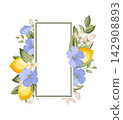 Frame of lemons, blue flax flowers, citrus blossoms and green leaves in an elegant botanical composition. Vintage Mediterranean limoncello label with copy space for branding 142908893