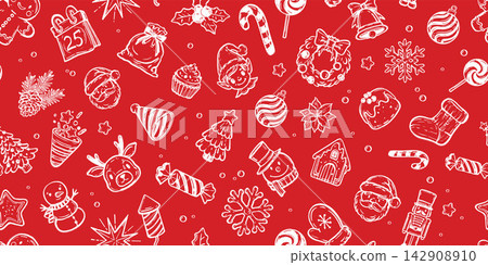 Christmas seamless pattern, winter holiday repeat red background traditional New Year decor print. Christmas seamless pattern, winter holiday repeat red background traditional New Year decor print. 142908910