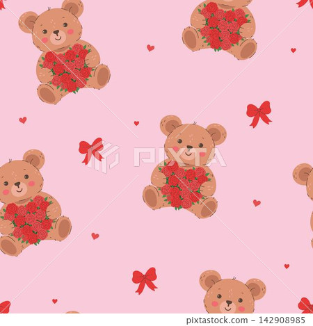 Cute Teddy Bear Seamless Pattern with Red Rose Bouquets and Hearts on Pink Background Cute Teddy Bear Seamless Pattern with Red Rose Bouquets and Hearts on Pink Background 142908985