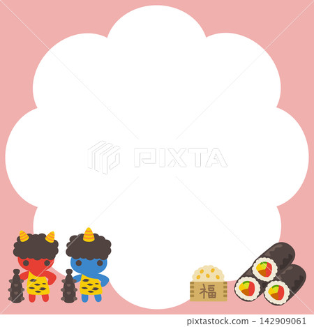 Setsubun (Bean-Throwing Festival): Square frame with red and blue demons and Ehomaki (lucky direction sushi roll) - Vector illustration Setsubun (Bean-Throwing Festival): Square frame with red and blue demons and Ehomaki (lucky direction sushi roll) - Vector illustration 142909061
