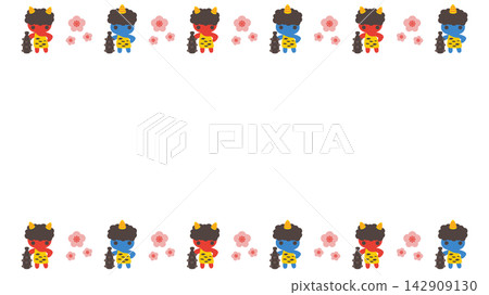 Setsubun (Bean-Throwing Festival): Horizontal line frame with red and blue demons and plum blossoms - Vector illustration Setsubun (Bean-Throwing Festival): Horizontal line frame with red and blue demons and plum blossoms - Vector illustration 142909130
