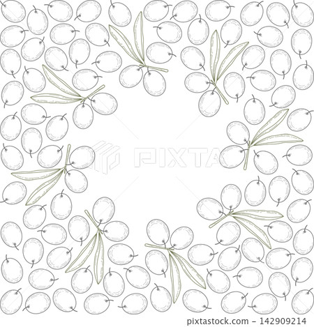 Frame with hand drawn olives and branches, Mediterranean botanical border with central copy space. Isolated Vector illustration Menu, packaging, invitation, poster, branding or print design, price tag Frame with hand drawn olives and branches, Mediterranean botanical border with central copy space. Isolated Vector illustration Menu, packaging, invitation, poster, branding or print design, price tag 142909214