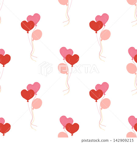 Heart shape balloon hand drawn seamless vector pattern. Colorful balloons on a white background. Design concept for birthday party, Valentine's Day, celebration, kids textile print, wallpaper Heart shape balloon hand drawn seamless vector pattern. Colorful balloons on a white background. Design concept for birthday party, Valentine's Day, celebration, kids textile print, wallpaper 142909215