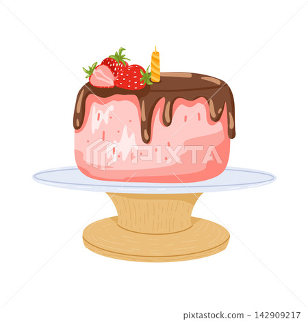 Birthday cake with a burning candle. Colorful holiday dessert. Vector hand drawn illustration with sweet foor on a plate isolated on white background 142909217