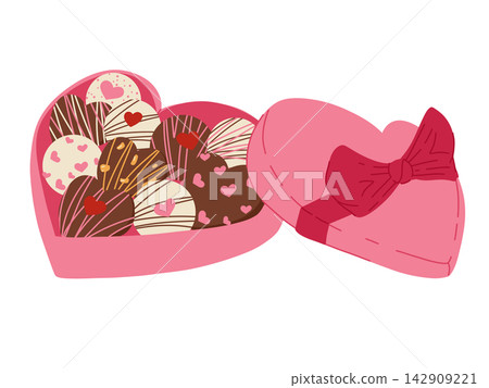 Heart shaped Valentine Day candy box with chocolate bon-bons. Vector cartoon hand drawn illustration isolated on white background. Sweet candies gift box Heart shaped Valentine Day candy box with chocolate bon-bons. Vector cartoon hand drawn illustration isolated on white background. Sweet candies gift box 142909221