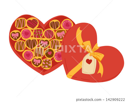 Heart shaped Valentine Day candy box with chocolate bon-bons. Vector cartoon hand drawn illustration isolated on white background. Sweet candies gift box Heart shaped Valentine Day candy box with chocolate bon-bons. Vector cartoon hand drawn illustration isolated on white background. Sweet candies gift box 142909222