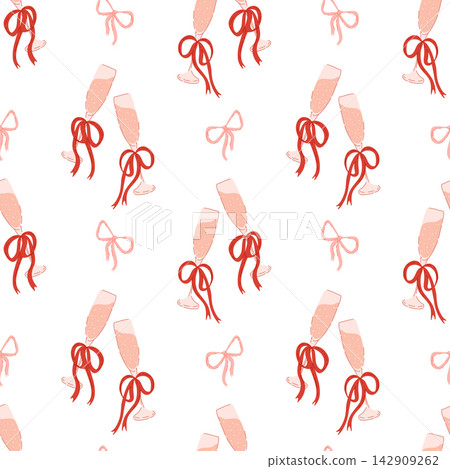 Seamless vector pattern with champagne glasses and bows. Elegant design for celebratory occasions. Perfect for gift wrapping, greeting cards, textiles, web banners, and home decor Seamless vector pattern with champagne glasses and bows. Elegant design for celebratory occasions. Perfect for gift wrapping, greeting cards, textiles, web banners, and home decor 142909262