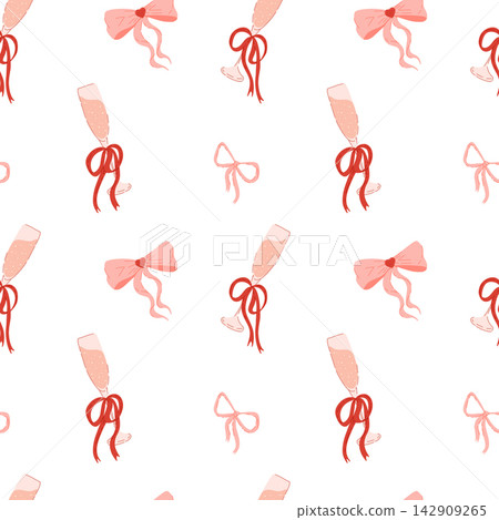 Charming seamless pattern with champagne glasses and bows. A stylish vector illustration perfect for celebrations. Perfect for wrapping paper, invitations, tableware, and party decorations. Charming seamless pattern with champagne glasses and bows. A stylish vector illustration perfect for celebrations. Perfect for wrapping paper, invitations, tableware, and party decorations. 142909265