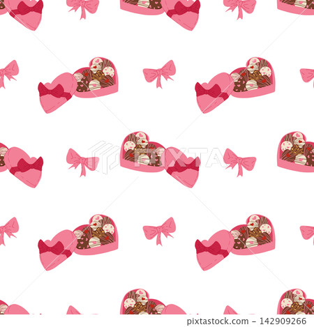 Vector pattern with hearts, chocolate and candy boxes. Seamless design for love and dessert-themed projects. Suitable for fabric prints, product packaging, flyers and event decorations. Vector pattern with hearts, chocolate and candy boxes. Seamless design for love and dessert-themed projects. Suitable for fabric prints, product packaging, flyers and event decorations. 142909266