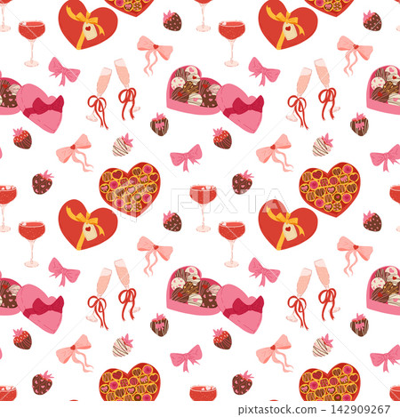 Vector pattern with hearts, chocolate and candy boxes. Seamless design for love and dessert-themed projects. Suitable for fabric prints, product packaging, flyers and event decorations. Vector pattern with hearts, chocolate and candy boxes. Seamless design for love and dessert-themed projects. Suitable for fabric prints, product packaging, flyers and event decorations. 142909267