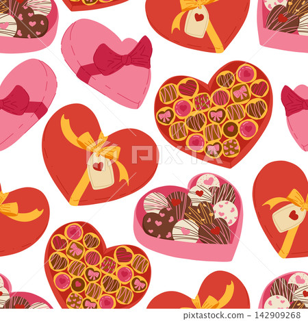 Vector pattern with hearts, chocolate and candy boxes. Seamless design for love and dessert-themed projects. Suitable for fabric prints, product packaging, flyers and event decorations. Vector pattern with hearts, chocolate and candy boxes. Seamless design for love and dessert-themed projects. Suitable for fabric prints, product packaging, flyers and event decorations. 142909268
