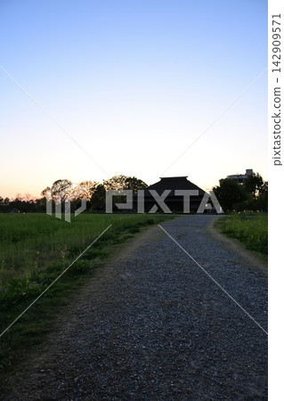 福島潟湖的日落和穿過草地的步道(新潟縣新潟市) 福島潟湖的日落和穿過草地的步道(新潟縣新潟市) 142909571