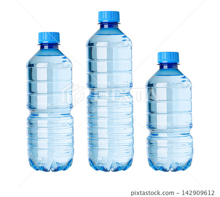 Three plastic bottles holding fresh drinking water Three plastic bottles holding fresh drinking water 142909612