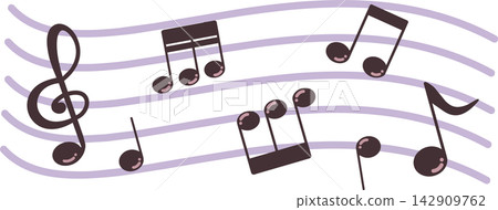 一幅包含高音譜號和音符的五線譜插圖。 一幅包含高音譜號和音符的五線譜插圖。 142909762