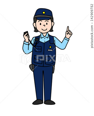 女警官手持無線電並指向目標的全身像。 142909782