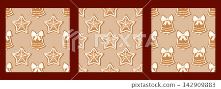 Vector new year hohoho snowflake texture for festive christmas. Background with cheerful snowman and seamless cover pattern. Bg design features winter house with stripe details. 142909883