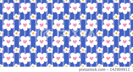 Girly background seamless and daisy vector flower with pattern cute gingham. Heart easter bg and cover fashion print with design damask stripe. Pink repeat dot and core blue baby with girl. 142909911