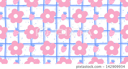 Kawaii seamless flower with gingham print strawberry for fruit picnic pattern. Cherry bg girl with flowers graphic design for background cottage pink. Vichy cute cottagecore with berries love. 142909934