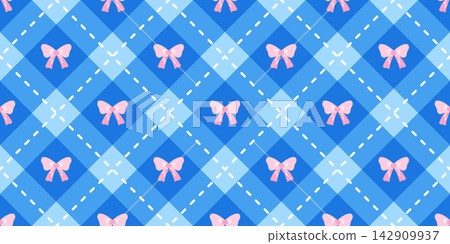 Bow new year pattern with baby heart seamless and check striped xmas. Diamond girly wallpaper with princess vector plaid and star pink pastel. Geometric love illustration with background blue. Bow new year pattern with baby heart seamless and check striped xmas. Diamond girly wallpaper with princess vector plaid and star pink pastel. Geometric love illustration with background blue. 142909937