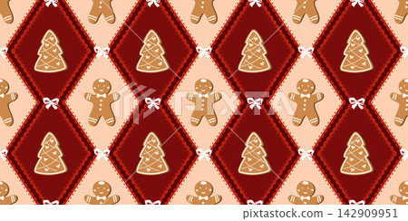 Gingham vintage christmas with ginger gingerbread candy and seamless pattern diamond. Preppy textile trellis with grid ribbon modern and festive merry argyle. Line bg year with bow decoration. 142909951