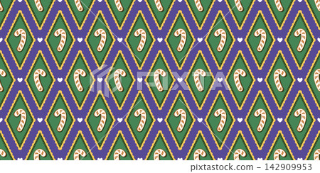 Gingerbread pattern diamond and ginger candy vintage with gingham preppy seamless. Christmas backdrop xmas and decoration stripe bow with trellis paper rhombus. Plaid gift wallpaper. Gingerbread pattern diamond and ginger candy vintage with gingham preppy seamless. Christmas backdrop xmas and decoration stripe bow with trellis paper rhombus. Plaid gift wallpaper. 142909953