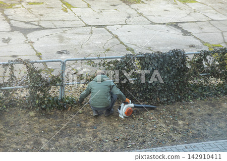 A worker using a leaf blower to clean a fence line in a yard, demonstrating professional grounds maintenance and landscaping services in an urban park or residential outdoor setting A worker using a leaf blower to clean a fence line in a yard, demonstrating professional grounds maintenance and landscaping services in an urban park or residential outdoor setting 142910411