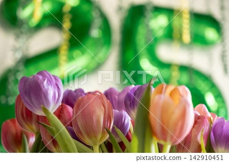 Fresh purple and peach tulips in a vase against a blurred green twenty-five balloon background, evoking a joyful anniversary celebration or a vibrant milestone birthday event concept Fresh purple and peach tulips in a vase against a blurred green twenty-five balloon background, evoking a joyful anniversary celebration or a vibrant milestone birthday event concept 142910451
