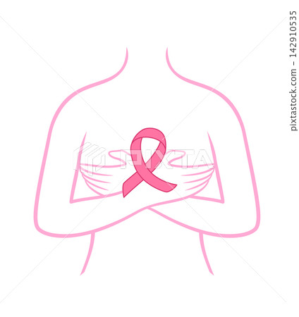 Woman body outline with crossed arms and pink ribbon. Woman body outline with crossed arms and pink ribbon. 142910535