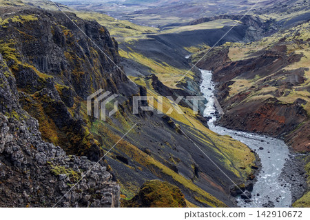 Fossa River below rugged cliffs in Fossardalur, Iceland, viewed from above Fossa River below rugged cliffs in Fossardalur, Iceland, viewed from above 142910672