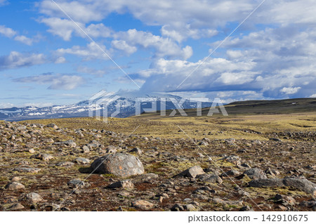 Iceland rocky landscape with foreground boulders and a distant snowy mountain Iceland rocky landscape with foreground boulders and a distant snowy mountain 142910675