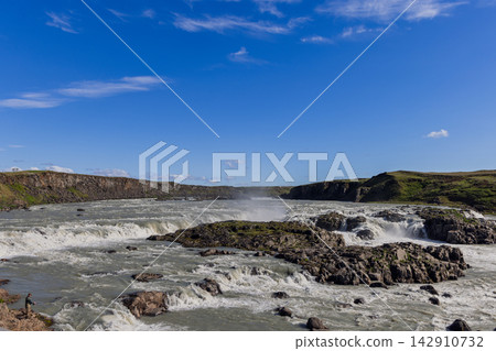 Urridafoss waterfall on the Thjorsa River in Iceland with rapids and a lone angler Urridafoss waterfall on the Thjorsa River in Iceland with rapids and a lone angler 142910732
