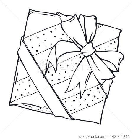 Cute Christmas Parcel with Polka Dot Stripes and Big Bow. Great for Holiday Invites, Wrapping Ideas and Kids Gift Tags. Hand Drawn Doodle Vector Outline in Black on White Background Cute Christmas Parcel with Polka Dot Stripes and Big Bow. Great for Holiday Invites, Wrapping Ideas and Kids Gift Tags. Hand Drawn Doodle Vector Outline in Black on White Background 142911245