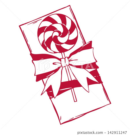 Cute Christmas Gift with Swirl Lollipop and Big Ribbon Bow. Great for Candy Shop Cards, Holiday Invites and Present Tags. Hand Drawn Doodle Vector Outline in Pink on White Background Cute Christmas Gift with Swirl Lollipop and Big Ribbon Bow. Great for Candy Shop Cards, Holiday Invites and Present Tags. Hand Drawn Doodle Vector Outline in Pink on White Background 142911247