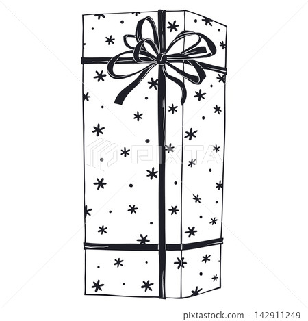 Cute Christmas Gift Box with Snowflake Print and Thin Ribbon Bow. Great for Winter Presents, Holiday Cards and Gift Tags. Hand Drawn Doodle Vector Outline in Black on White Background. 142911249