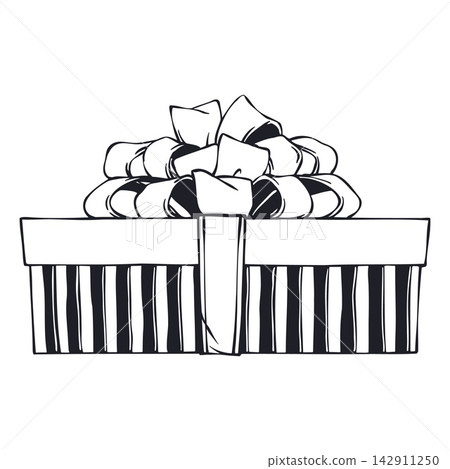 Cute Christmas Gift Box with Stripe Wrap and Fluffy Pom Pom Bow. Great for Holiday Invites, Present Tags and Party Favors. Hand Drawn Doodle Vector Outline in Black on White Background Cute Christmas Gift Box with Stripe Wrap and Fluffy Pom Pom Bow. Great for Holiday Invites, Present Tags and Party Favors. Hand Drawn Doodle Vector Outline in Black on White Background 142911250