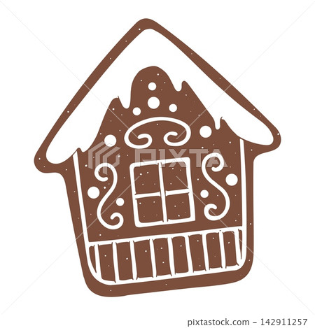 Cute Christmas Gingerbread House Cookie with Window and Swirls. Great for Holiday Party Design, Bakery Boxes and Kids Cards. Hand Drawn Doodle Vector Outline in Brown on White Background Cute Christmas Gingerbread House Cookie with Window and Swirls. Great for Holiday Party Design, Bakery Boxes and Kids Cards. Hand Drawn Doodle Vector Outline in Brown on White Background 142911257