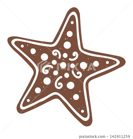 Cute Christmas Gingerbread Star Cookie with Dots and Swirls. Great for Tree Decor Cards, Bakery Labels and Gift Wrap Tags. Hand Drawn Doodle Vector Outline in Brown on White Background 142911259