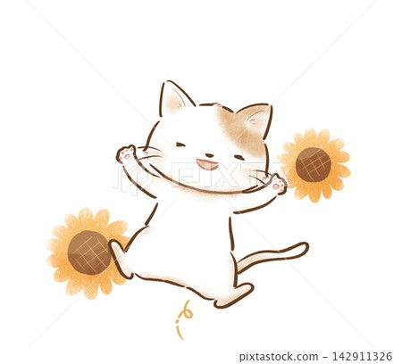 A hand-drawn illustration of a cat jumping for joy. A hand-drawn illustration of a cat jumping for joy. 142911326