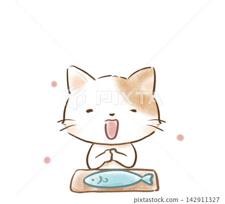 An illustration of a cat saying "Itadakimasu" (thank you for the meal) in front of a fish. An illustration of a cat saying "Itadakimasu" (thank you for the meal) in front of a fish. 142911327
