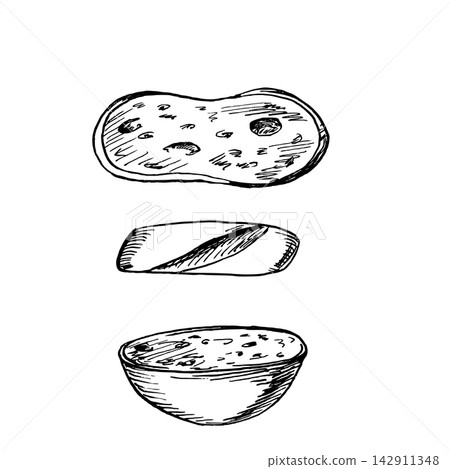 Three baguette slices in vector illustration. Perfect for bakery, restaurant, cafeteria, food startup design, menu design, kitchen textiles, interior design, and tableware. 142911348