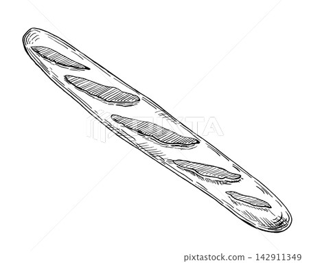 Baguette vector illustration. Bakery product for bakery, restaurant, bistro, food market, and grocery delivery design, engraving on wooden cutting boards. Baguette vector illustration. Bakery product for bakery, restaurant, bistro, food market, and grocery delivery design, engraving on wooden cutting boards. 142911349