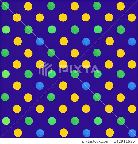 Vibrant abstract polka dot pattern in yellow, green, and blue on a deep purple background. Perfect for website banners, playful designs, or textile prints. Vibrant abstract polka dot pattern in yellow, green, and blue on a deep purple background. Perfect for website banners, playful designs, or textile prints. 142911659