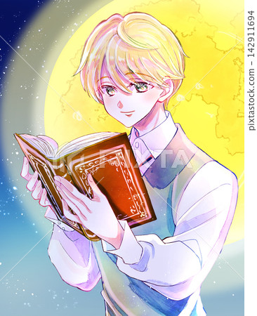 一個外表俊朗的男孩正在讀書;面帶微笑;金髮碧眼;手裡拿著一本大書;逆光;月光。 一個外表俊朗的男孩正在讀書;面帶微笑;金髮碧眼;手裡拿著一本大書;逆光;月光。 142911694