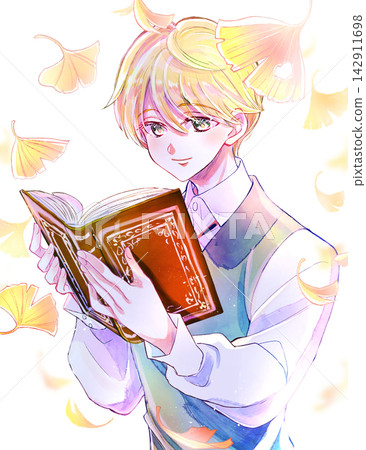 一個氣質高貴的男孩正在讀書;面帶微笑;金髮碧眼;一本大書;背光;銀杏。 一個氣質高貴的男孩正在讀書;面帶微笑;金髮碧眼;一本大書;背光;銀杏。 142911698