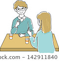 An illustration of a man and a woman chatting at a table. 142911840