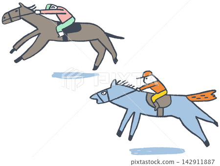 Illustration of a jockey and horse running in a horse race. Illustration of a jockey and horse running in a horse race. 142911887