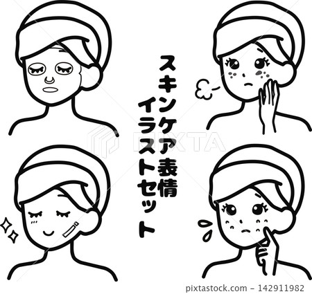 一組展示潔面後護膚過程中臉部表情的插圖(4 種圖案) 一組展示潔面後護膚過程中臉部表情的插圖(4 種圖案) 142911982