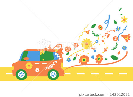 汽車行駛，空中飄揚著鮮花。 142912051