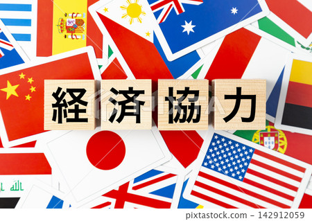 Blocks labeled "Economic Cooperation" and various national flags Blocks labeled "Economic Cooperation" and various national flags 142912059